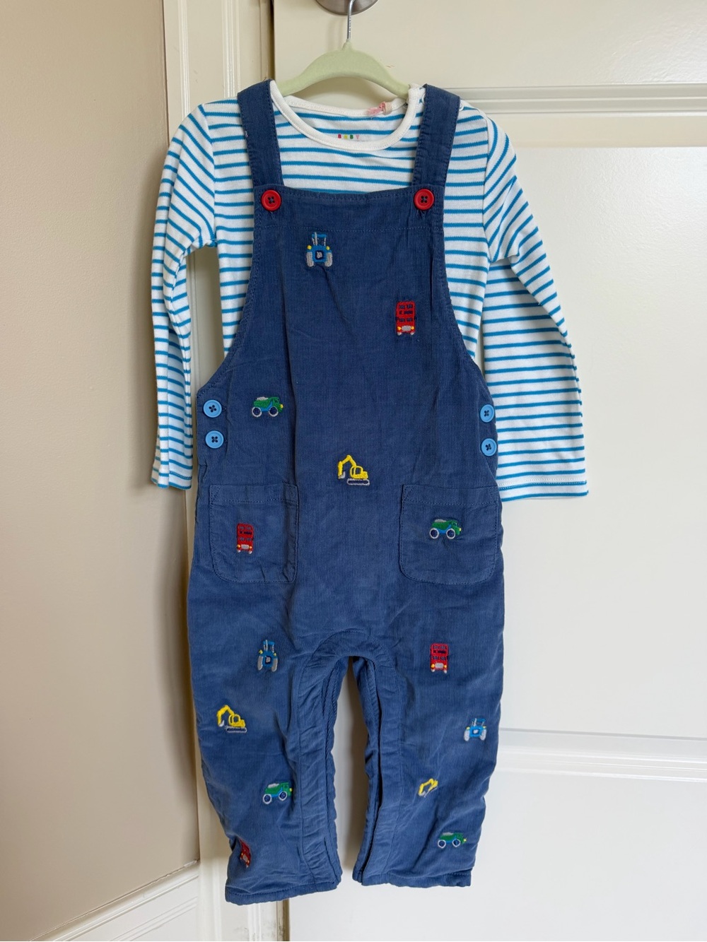 Baby Boden Navy Corduroy Overalls with Blue Striped Tee